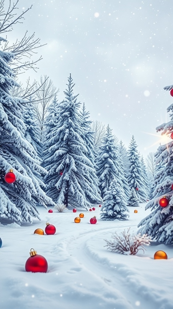 A festive Christmas wallpaper with a winter landscape, snow-covered trees, and colorful ornaments.